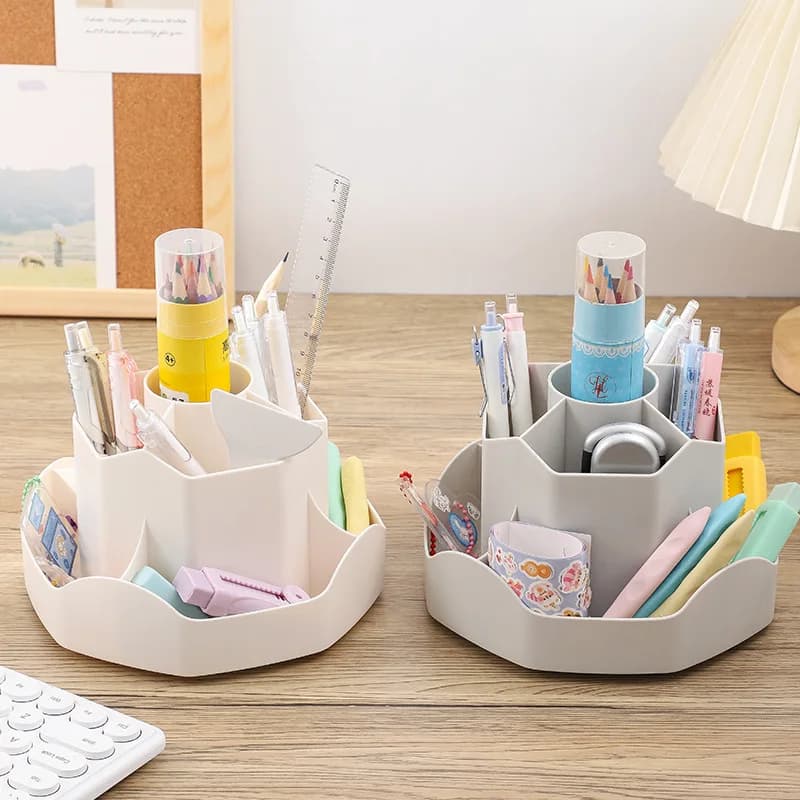 Large White Rotating Plastic Pencil and Cup Holder for Office Desk Pen Organizer and Makeup Storage