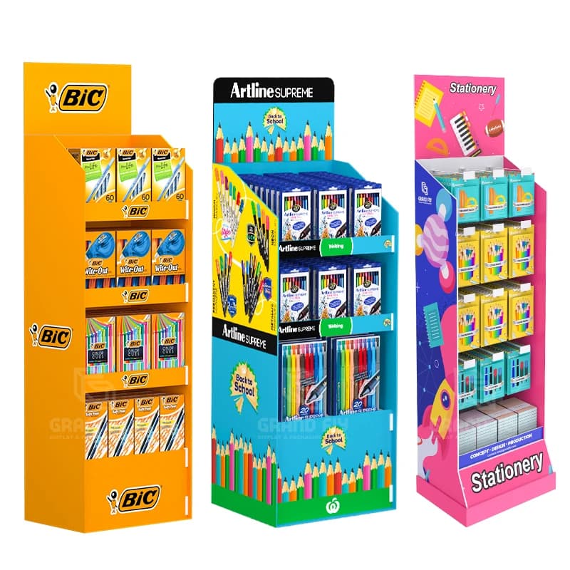 Custom Stationery Cardboard Display Stand Office Supplies Floor Display Shelf Supermarket BTS Corrugated Paper Display Racks