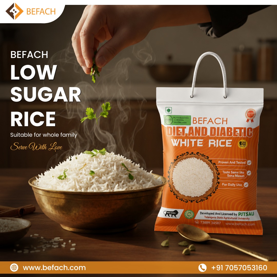 Cooked Sona Masoori rice with the Befach pack in a kitchen