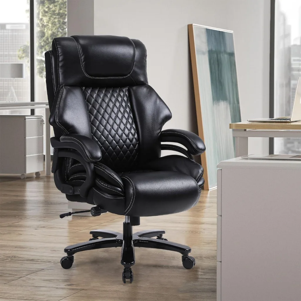 Executive Leather Workstation Chair — Lumbar + Headrest